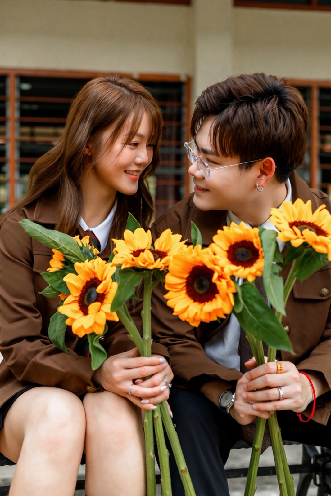 Clifford and Shuzhen smiling at each other with sunflowers