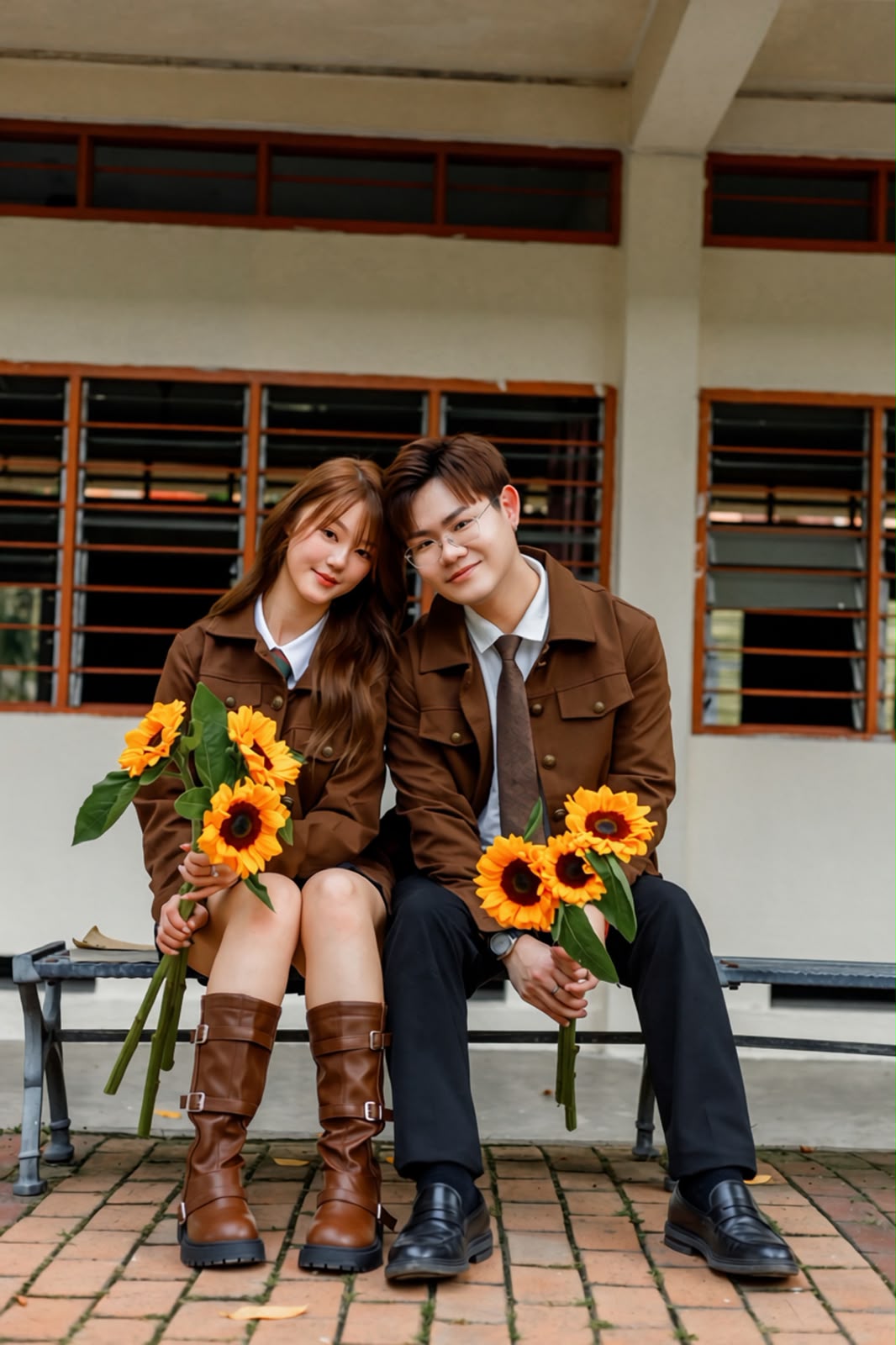 Clifford and Shuzhen seated together holding sunflowers