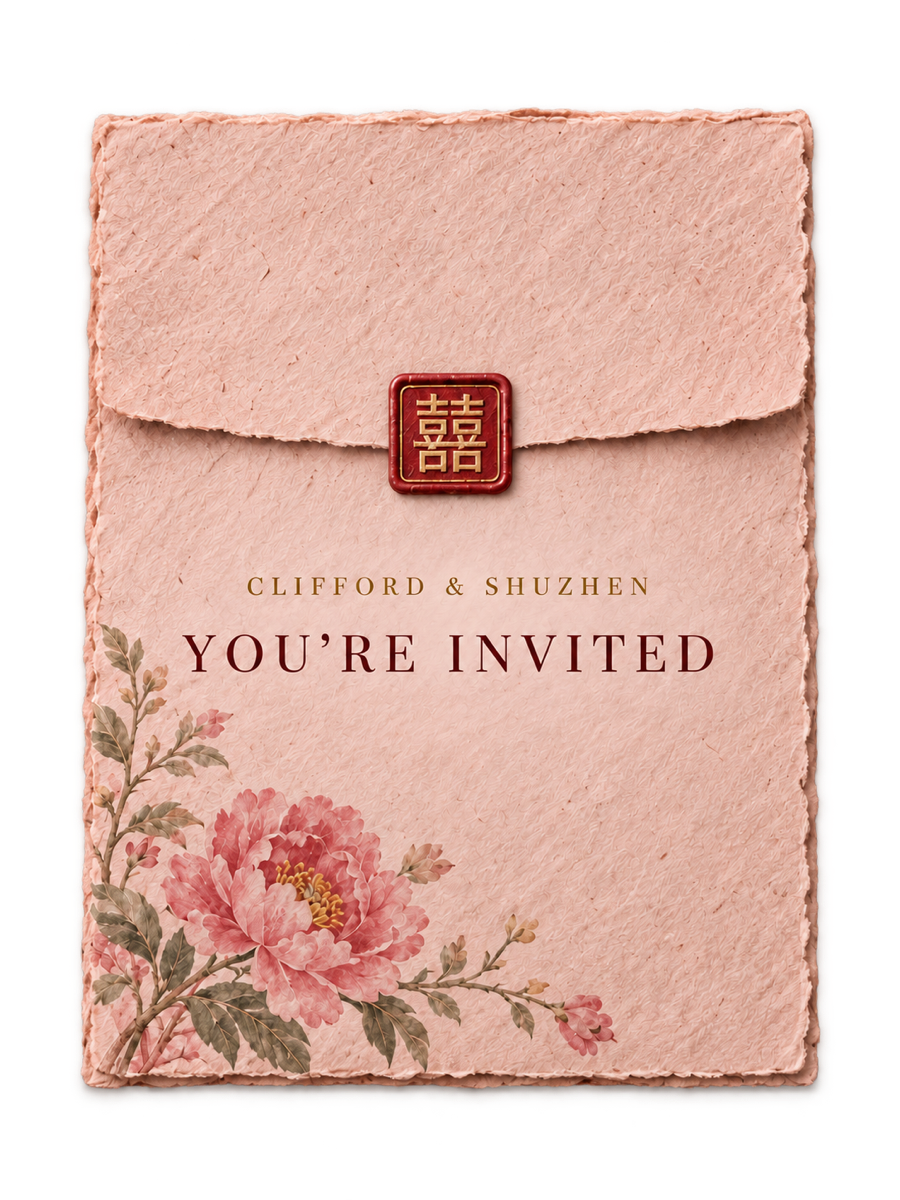 Blush wedding invitation envelope for Clifford and Shuzhen